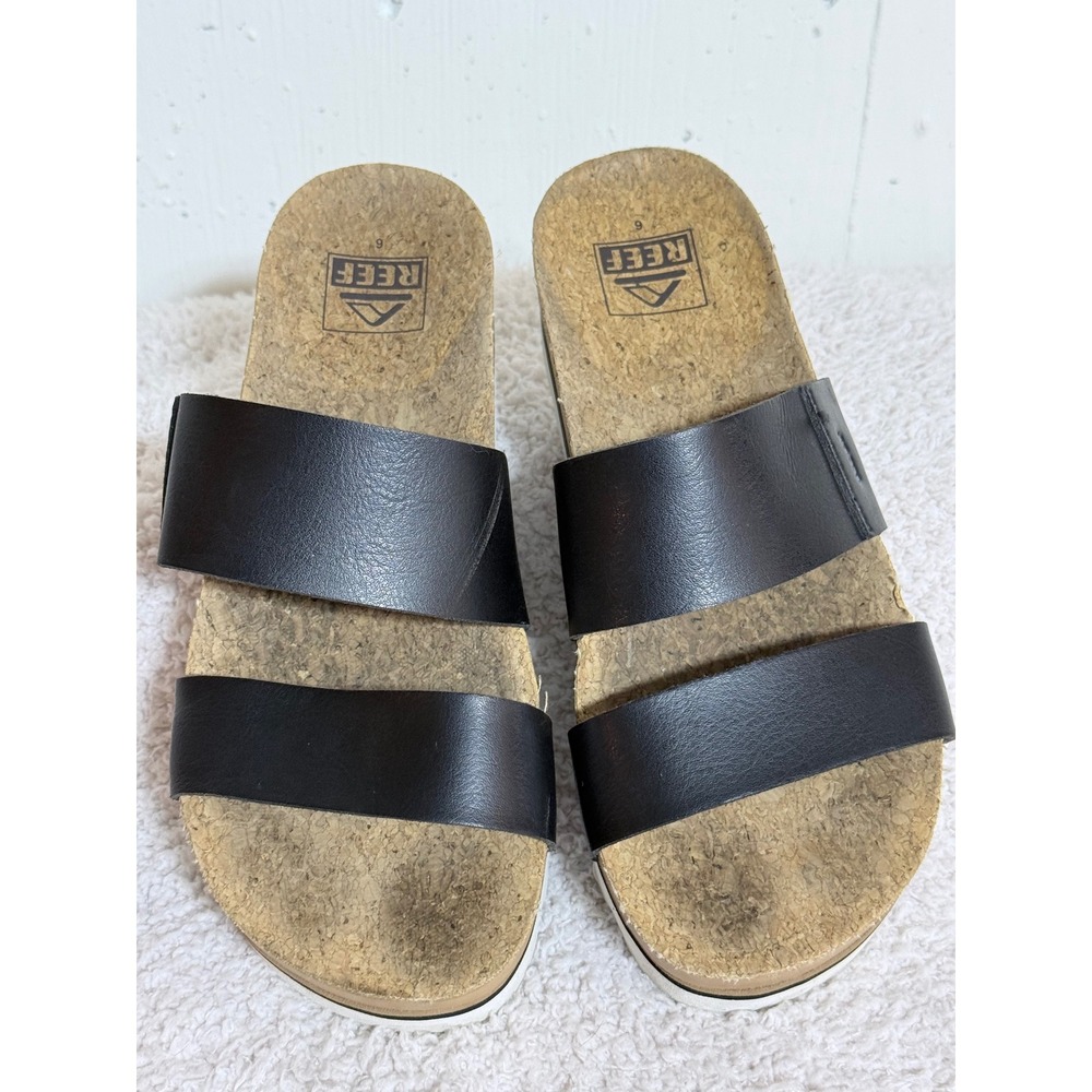 Reef Cushion Vista Hi Black Tan Platform Slide Sandals Womens 6 Sawtooth Sole
